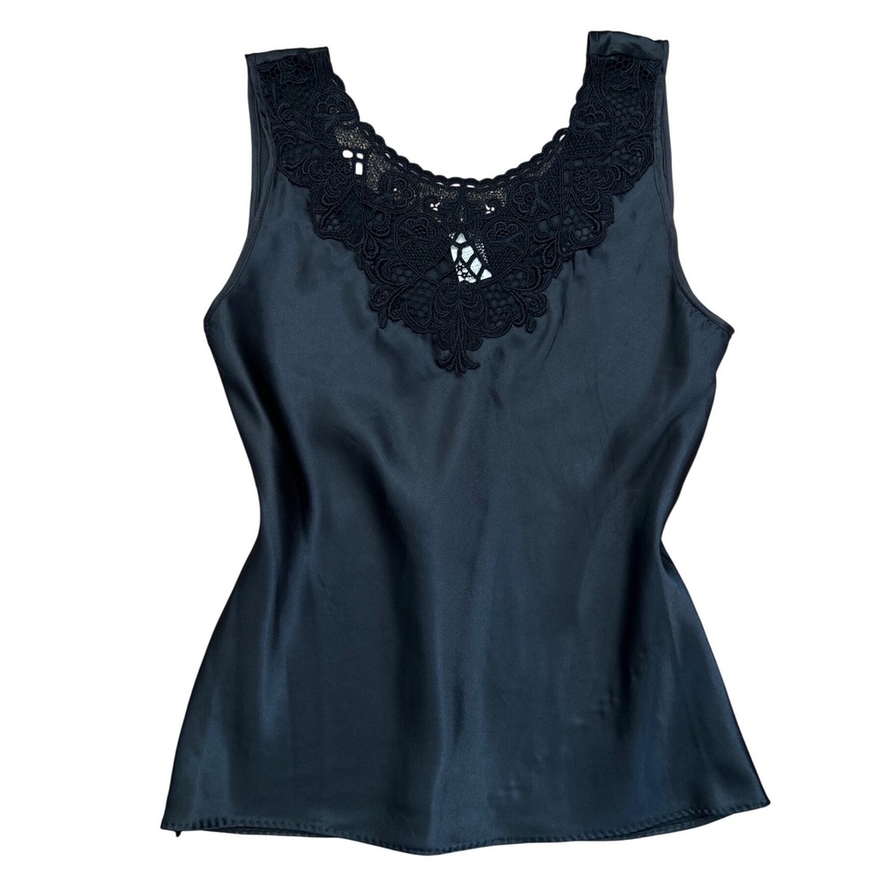 Vtg black lace embroidered tank top‎ silky whimsigoth dark romantic small